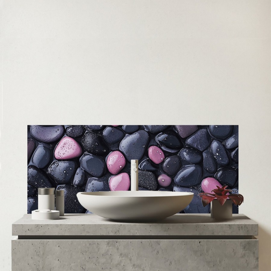 Click to view product details and reviews for Blush And Charcoal Pebble Mix Glass Bathroom Splashback.