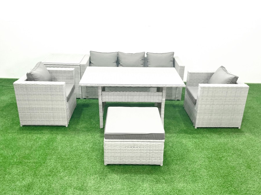 Click to view product details and reviews for Fimous Garden Dining Set Outdoor Rattan Furniture Set With Sofa Dining Table 2 Chairs Big Footstool Side Table Light Grey Mixed.