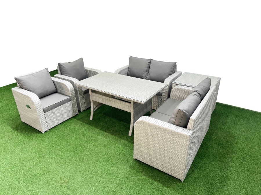 Click to view product details and reviews for Fimous 6 Seater Outdoor Reclining Chair Love Sofa Set Rattan Garden Furniture Set With Rectangular Dining Table Side Table Light Grey.