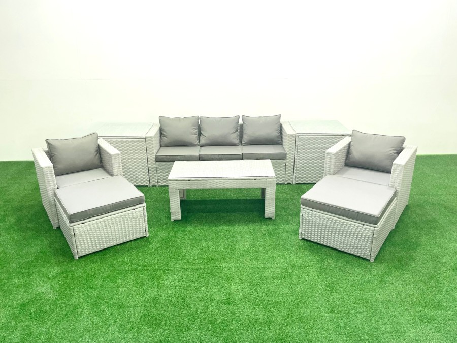 Click to view product details and reviews for Fimous Rattan Garden Furniture Set 7 Seater Outdoor Garden Sofa 2 Chairs Oblong Coffee Table Set With 2 Stools 2 Side Tables Light Grey Mixed.