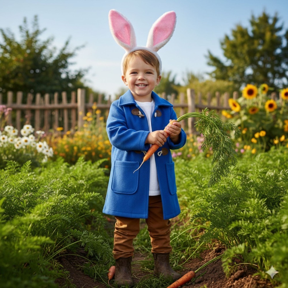 Kids Mischievous Rabbit Costume | 4 Pcs | Blue Jacket, Ears, Tail & Grey Face Paint