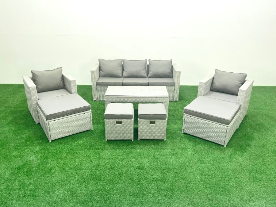 Click to view product details and reviews for Fimous Rattan Garden Furniture Set Outdoor Lounger Sofa With Coffee Table 4 Footstools Light Grey Mixed 9 Seater.