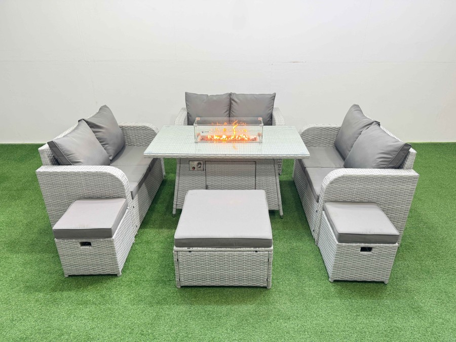 Click to view product details and reviews for Fimous 9 Seater Pe Wicker Rattan Furniture Sofa Sets With Firepit Dining Table 2 Seater Love Sofa 3 Stool Light Grey.