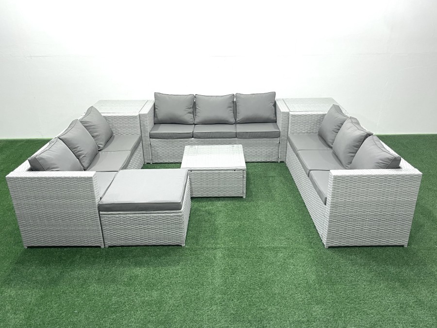 Click to view product details and reviews for Fimous Rattan Garden Outdoor Furniture Set 10 Seater Rattan Garden Sofa Set With Big Footstool 2 Side Tables Light Grey Mixed.
