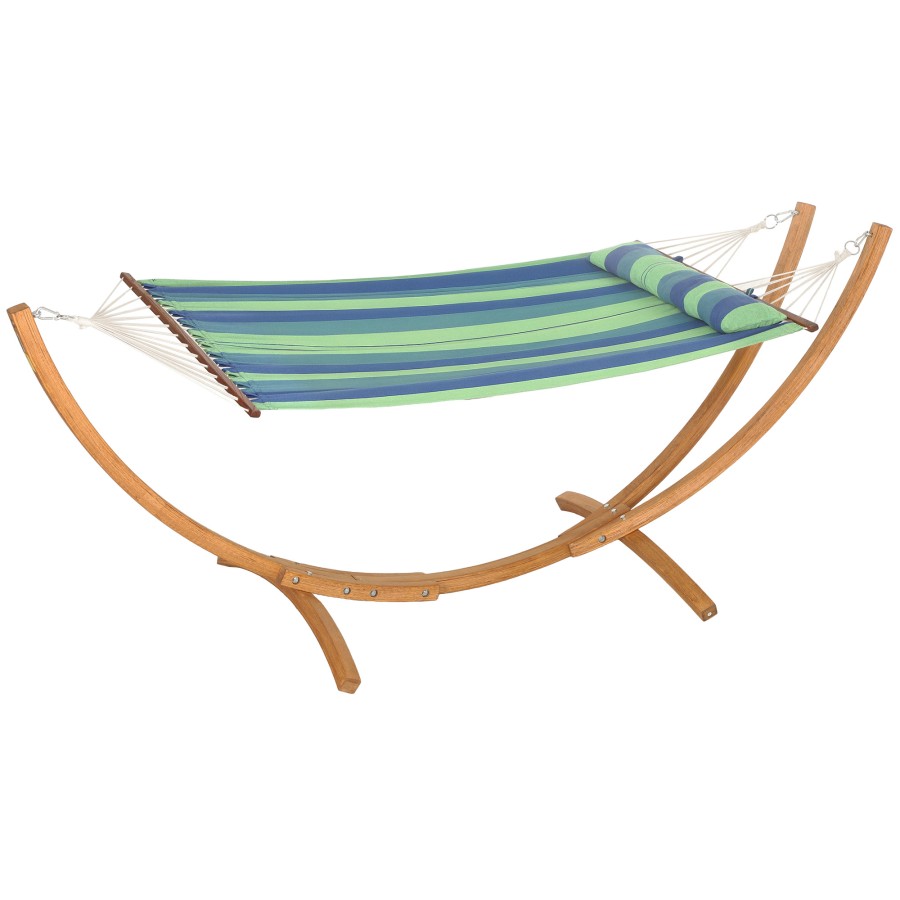 Outsunny Hammock with Stand, Triple-Head Wood Hammock with Cotton Bed, Blue