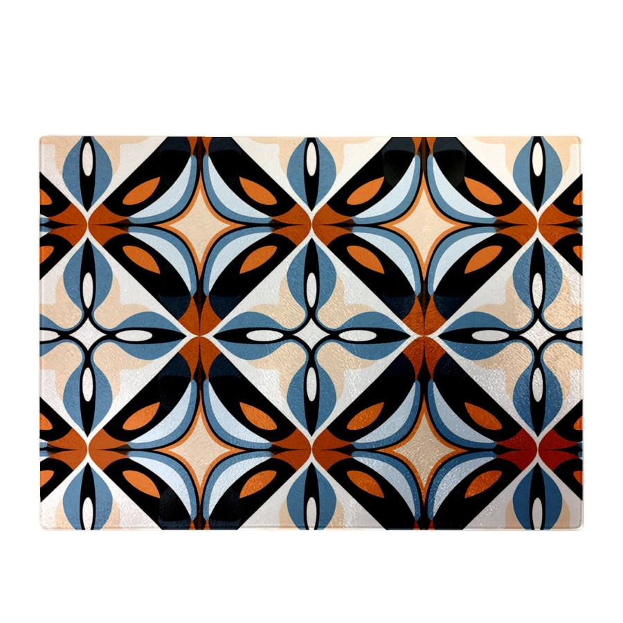 Click to view product details and reviews for Brown And Blue Geometric Pattern Glass Chopping Board.