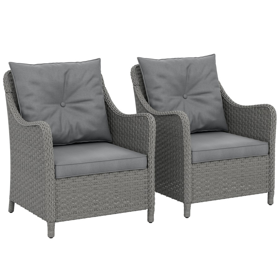 Outsunny 2 Pieces Rattan Garden Chairs, Cushioned Rattan Chairs, Dark Grey