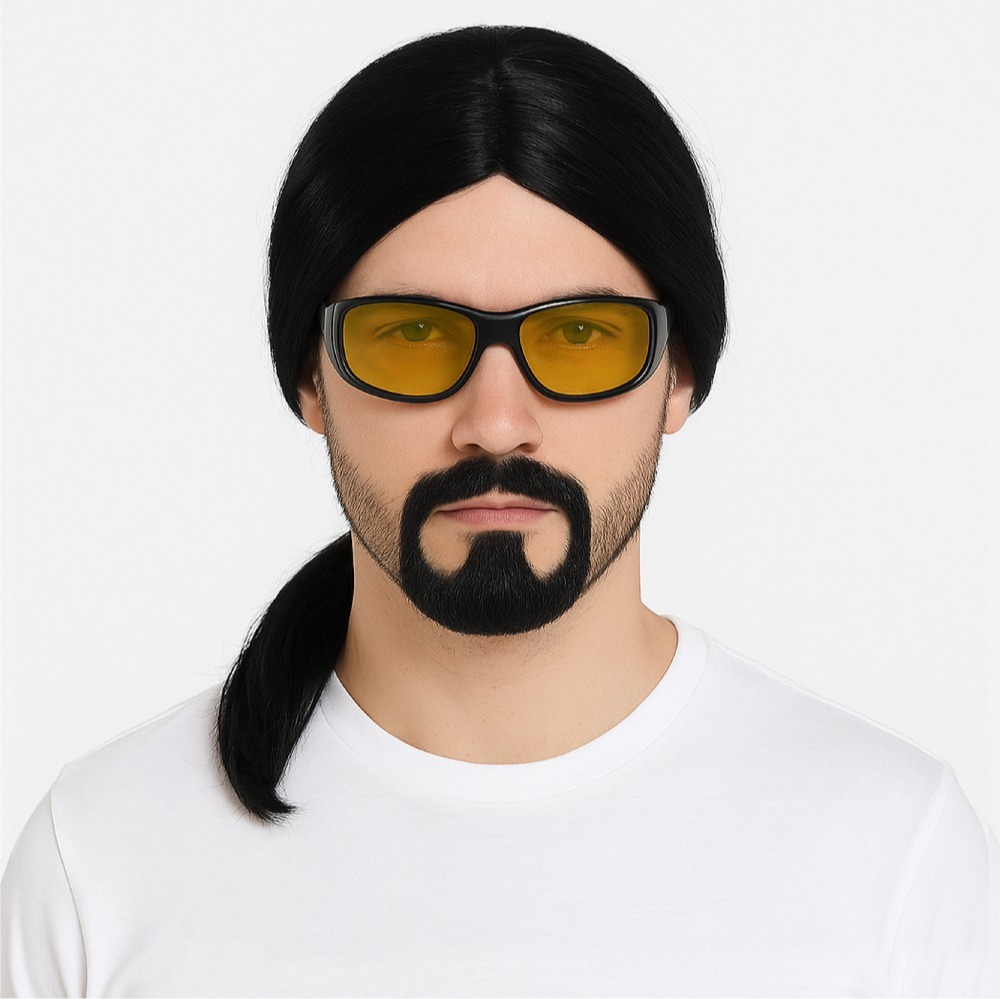 Adults action hero accessory set | Wig, Goatee & Yellow Glasses