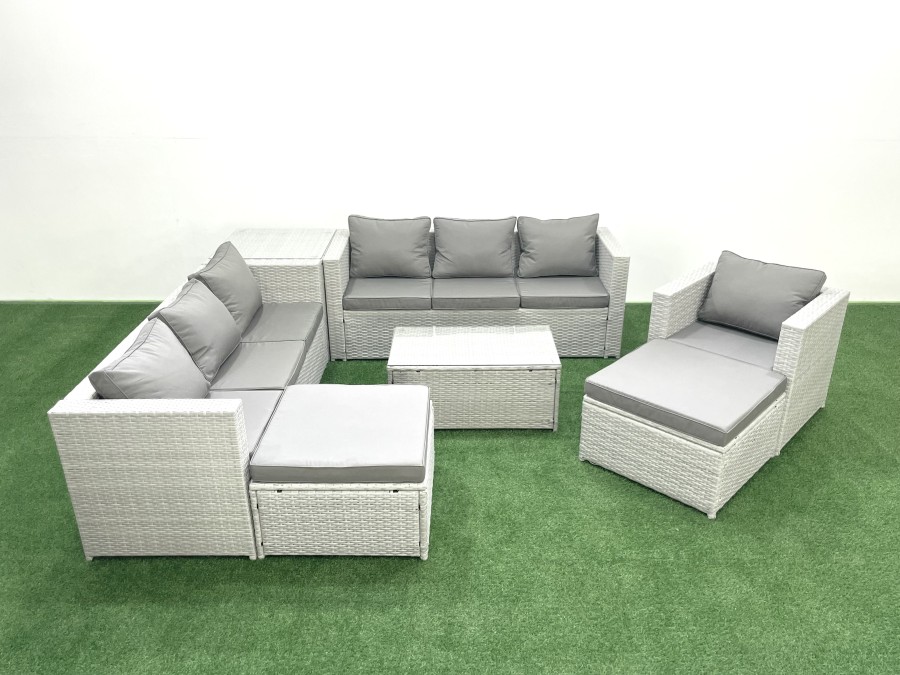 Click to view product details and reviews for Fimous Wicker Pe Rattan Sofa Garden Furniture Set With Armchair Oblong Coffee Table 2 Big Footstools Side Table Light Grey Mixed.