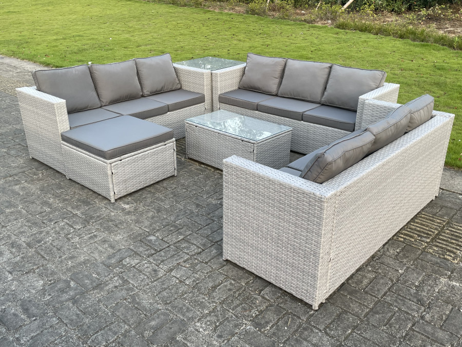 Click to view product details and reviews for Fimous 10 Seat Light Grey Lounge Outdoor Pe Rattan Garden Furniture Set Wicker Sofa Set Oblong Coffee Table Side Table Footstool.