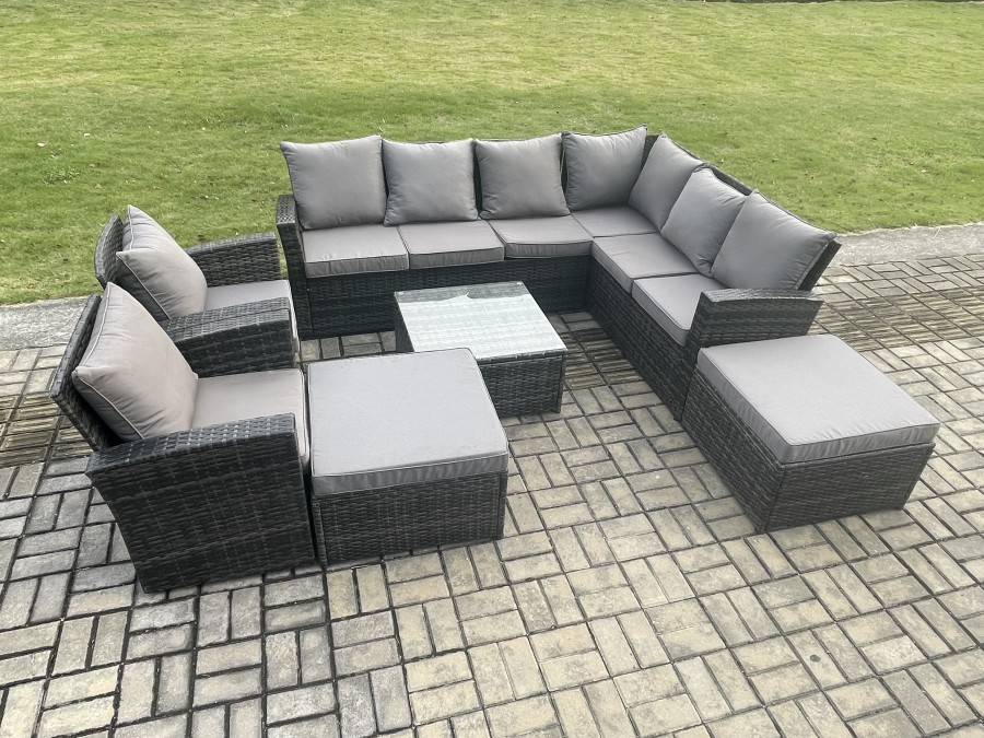 Click to view product details and reviews for Fimous 10 Seat Rattan Garden Furniture Corner Sofa Set Outdoor Patio Sofa Table Set With 2 Big Footstool 2 Armchairs Dark Grey Mixed.