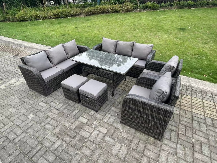 Click to view product details and reviews for Fimous 10 Seater Dark Grey Pe Wicker Rattan Garden Furniture Set Reclining Chair Lounge 3 Seater Sofa Set Outdoor Rectangular Dining Table Stools.