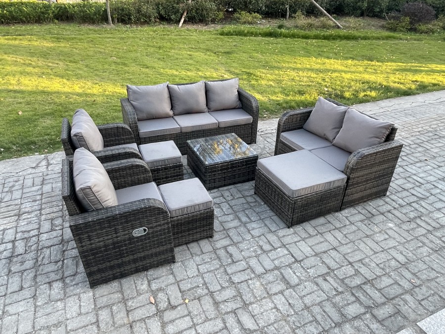 Click to view product details and reviews for Fimous 10 Seater Garden Furniture Set Rattan Outdoor Lounge Sofa Chair With Tempered Glass Table 3 Footstools Dark Grey Mixed.