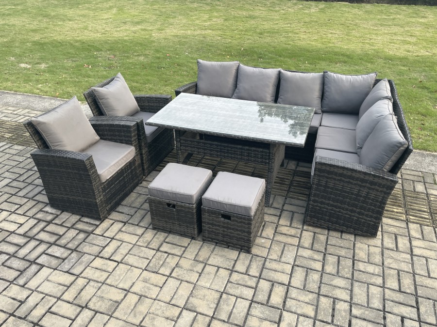 Click to view product details and reviews for Fimous 10 Seater Garden Rattan Furniture Corner Sofa Dining Table Chairs With 2 Small Footstools Indoor Outdoor Lounge Sofa Set.