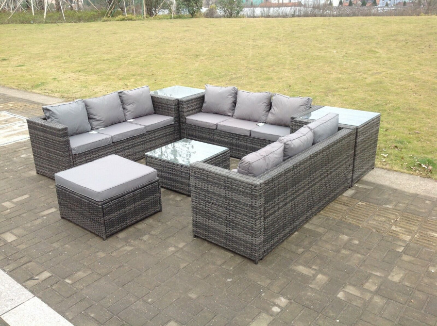 Fimous 10 Seater U Shape Rattan Sofa Set Outdoor Garden Furniture Patio With 3 Table Dark Grey Mixed