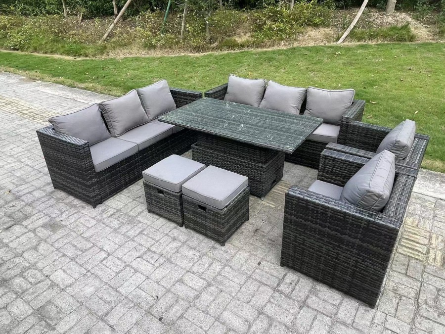 Click to view product details and reviews for Fimous 10 Seater Wicker Pe Garden Furniture Rattan Sofa Set Outdoor Adjustable Rising Lifting Dining Table Set With 2 Armchairs 2 Stools Dark Grey Mix.