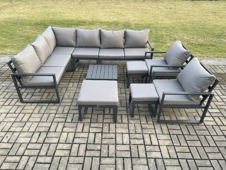 Click to view product details and reviews for Fimous 11 Seater Outdoor Lounge Corner Sofa Set Aluminum Garden Furniture Sets With Square Coffee Table 2 Chairs 3 Footstools Dark Grey.