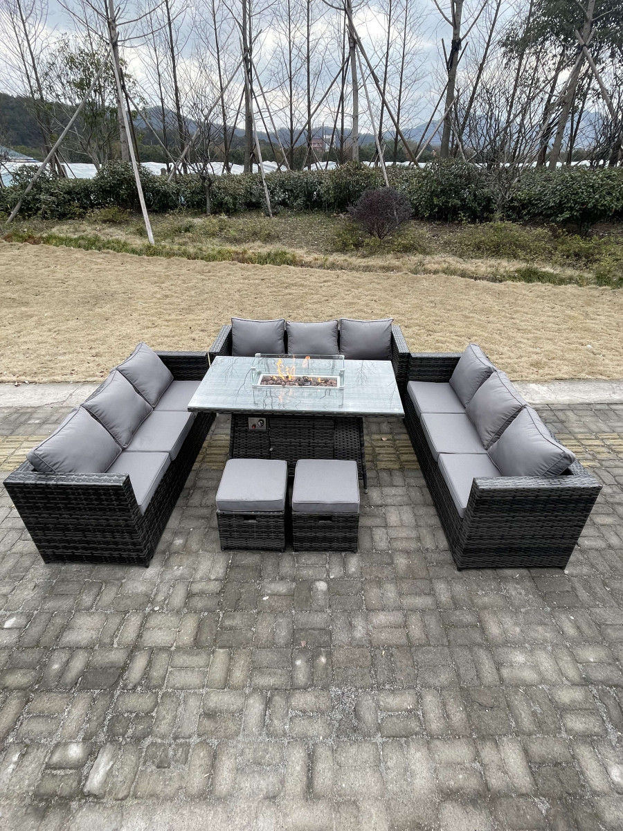 Click to view product details and reviews for Fimous 11 Seater Outdoor Lounge Rattan Sofa Set Garden Furniture Gas Firepit Set Ptio Dining Table Dark Grey Mixed.