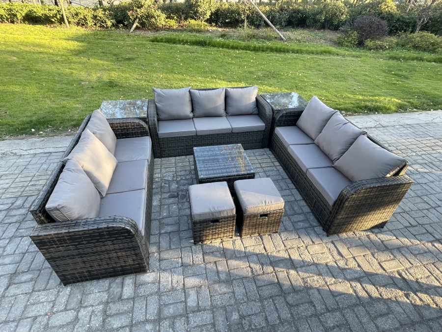 Click to view product details and reviews for Fimous 11 Seater Rattan Outdoor Furniture Set Patio Garden Sofa Set With Square Coffee Table 3 Seater Sofa 2 Small Footstools 2 Side Tables Dark Grey.