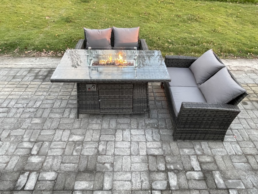 Click to view product details and reviews for Fimous 3 Pieces Garden Furniture Sets Poly Rattan Outdoor Patio Gas Firepit Dining Table Sofa Set For Garden Backyard Dark Grey Mixed.