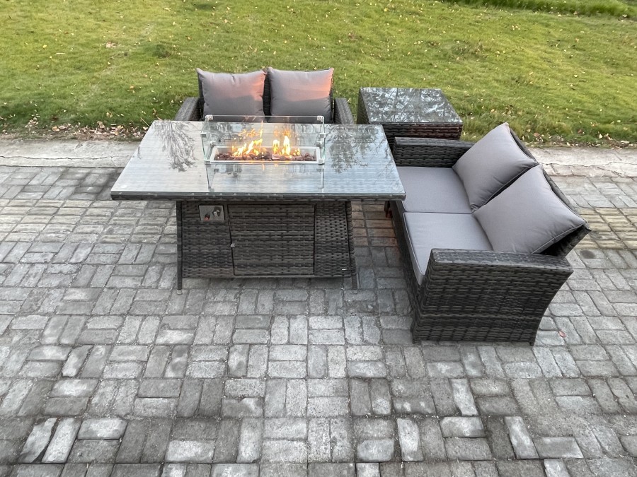 Click to view product details and reviews for Fimous 4 Pieces Garden Furniture Sets Poly Rattan Outdoor Patio Gas Firepit Dining Table Sofa Set For Garden Backyard Dark Grey Mixed.