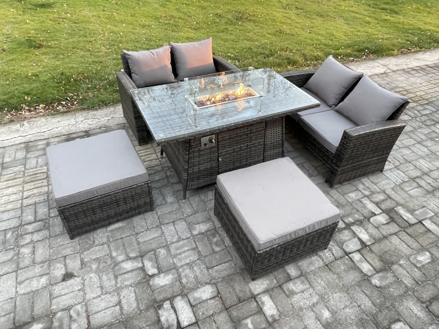 Click to view product details and reviews for Fimous 5 Pieces Garden Furniture Sets Poly Rattan Outdoor Patio Gas Firepit Dining Table Sofa Set With 2 Big Footstool.