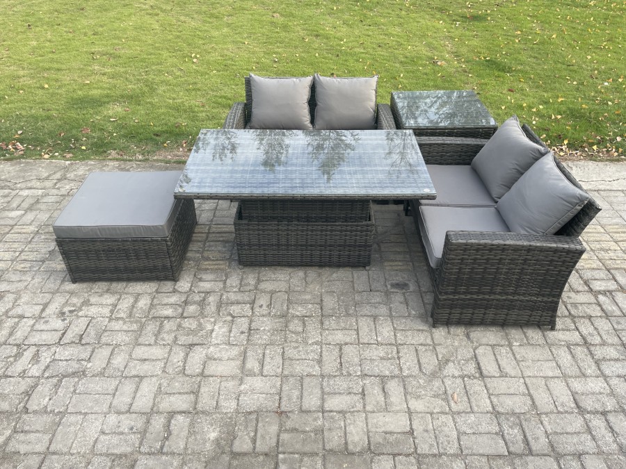 Click to view product details and reviews for Fimous 5 Pieces Garden Furniture Sets Poly Rattan Outdoor Patio Height Adjustable Rising Lifting Table Sofa Dining Set With Side Table Big Footstool.