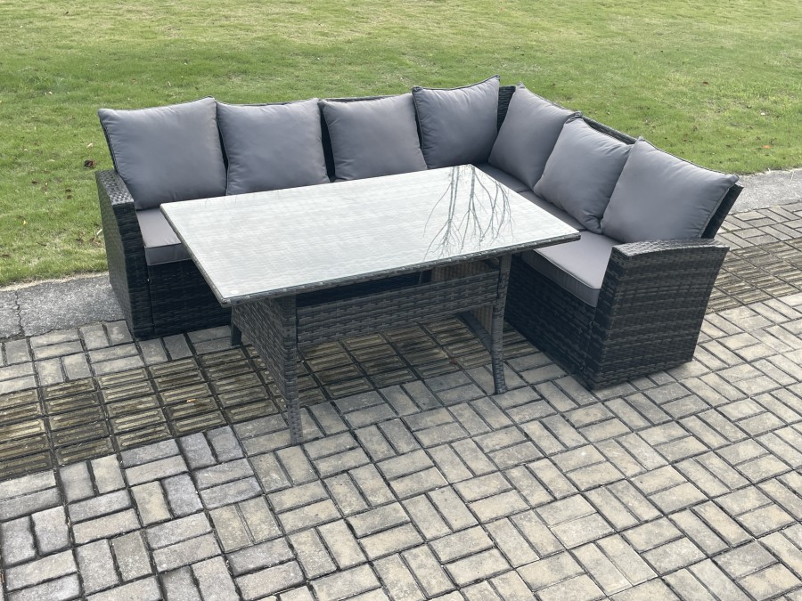 Click to view product details and reviews for Fimous 6 Seater Garden Rattan Furniture Corner Sofa Dining Table Set With Temper Glass And Cushions Indoor Outdoor Lounge Sofa Set.