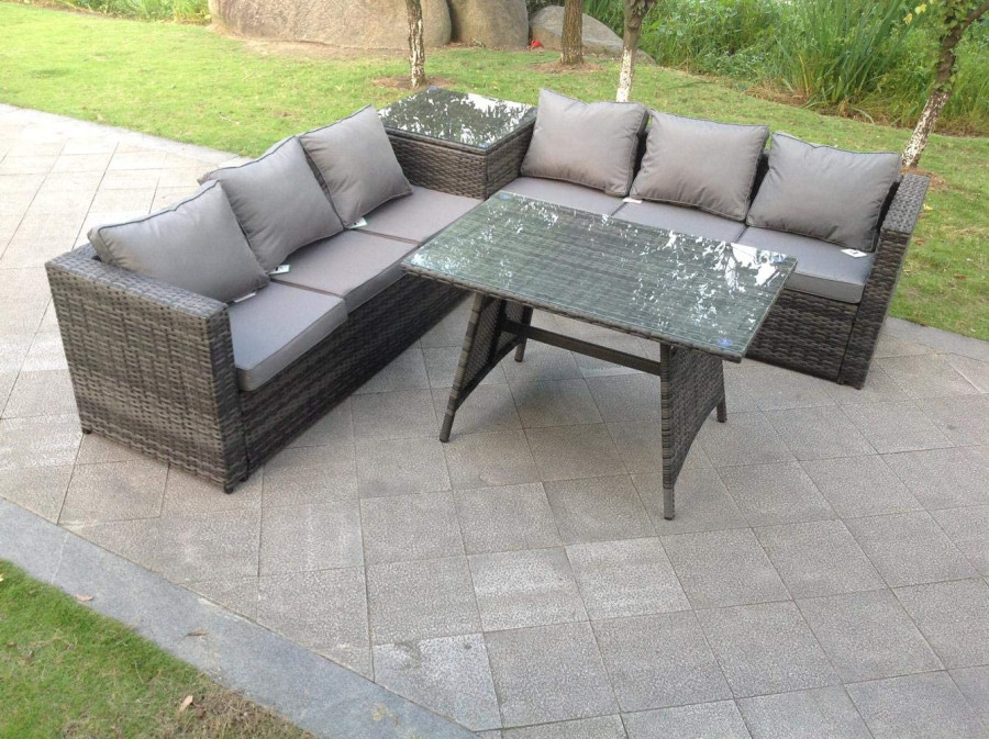 Click to view product details and reviews for Fimous 6 Seater Grey Rattan Sofa Dining Set 2 Tables Garden Furniture Outdoor.