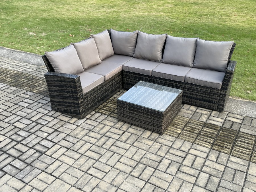 Click to view product details and reviews for Fimous 6 Seater Outdoor Furniture Garden Dining Set Rattan Corner Sofa Set With Square Coffee Table Dark Grey Mixed.