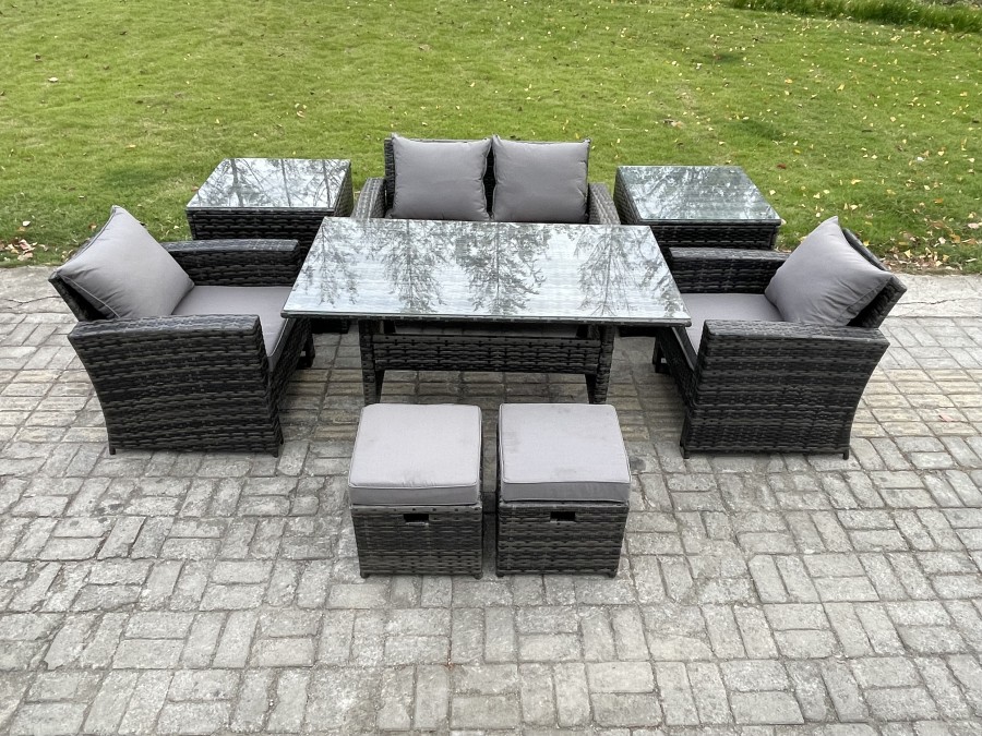 Click to view product details and reviews for Fimous 6 Seater Pe Wicker Outdoor Garden Furniture Set Patio Furniture Rattan Rectangular Dining Table Lounge Sofa With 2 Small Footstools 2 Side Tabl.