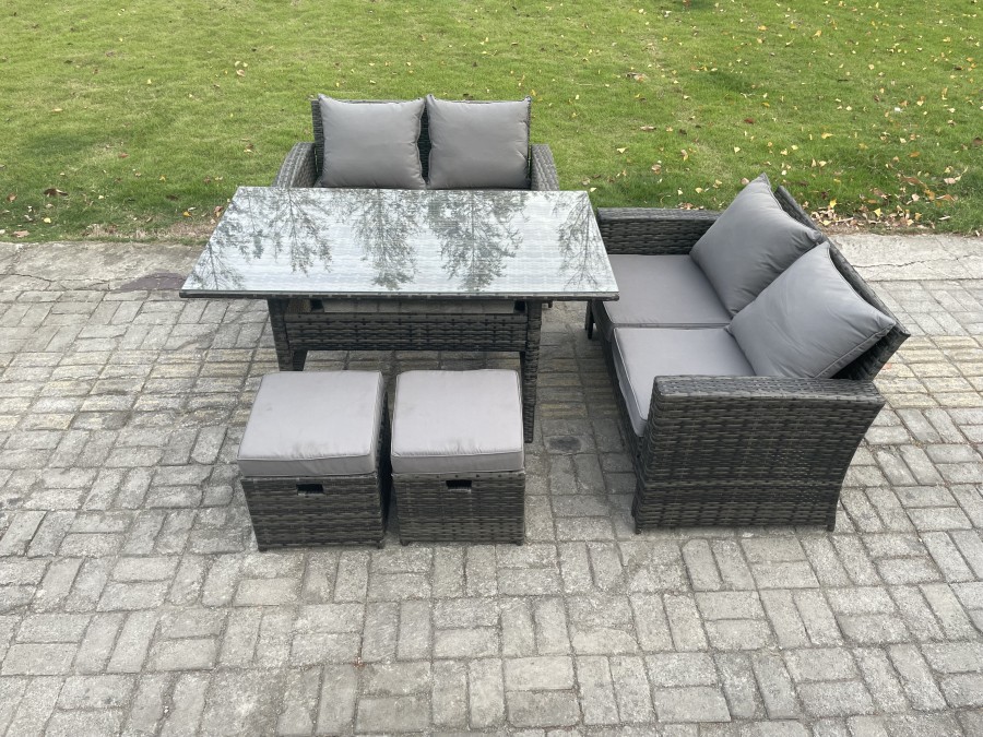 Click to view product details and reviews for Fimous 6 Seater Pe Wicker Rattan Garden Furniture Set Love Sofa Outdoor Rectangular Dining Table 2 Small Footstools Dark Grey Mixed.