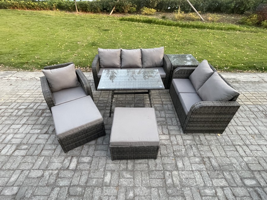Click to view product details and reviews for Fimous 7 Pcs Outdoor Lounge Sofa Set Wicker Pe Rattan Garden Furniture Set With Rectangular Dining Table Armchair 2 Big Footstool Side Table Dark Grey.
