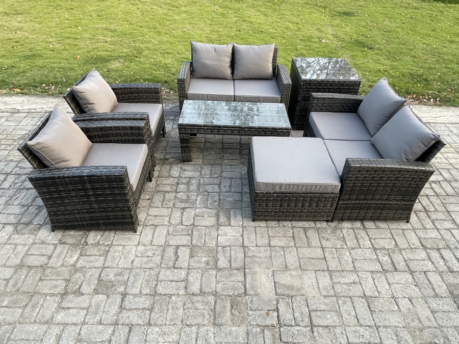 Click to view product details and reviews for Fimous 7 Seater Dark Grey Mixed High Back Rattan Sofa Set Coffee Table Garden Furniture Outdoor Patio With Love Sofa Arm Chairs Big Footstool Side Tab.
