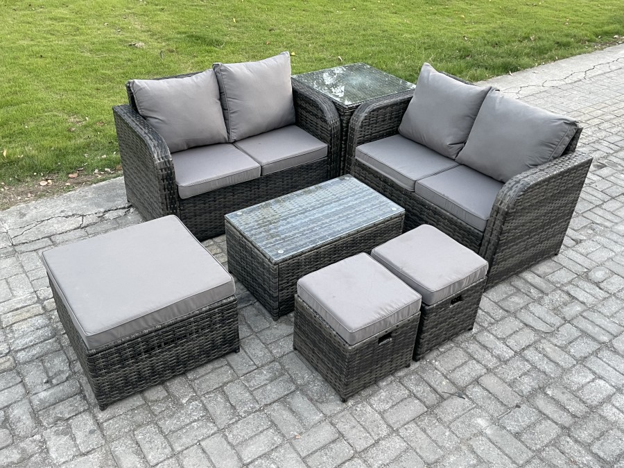 Click to view product details and reviews for Fimous 7 Seater Garden Furniture Set Rattan Outdoor Lounge Sofa Chair With Tempered Glass Table 3 Footstools Side Table Dark Grey Mixed.
