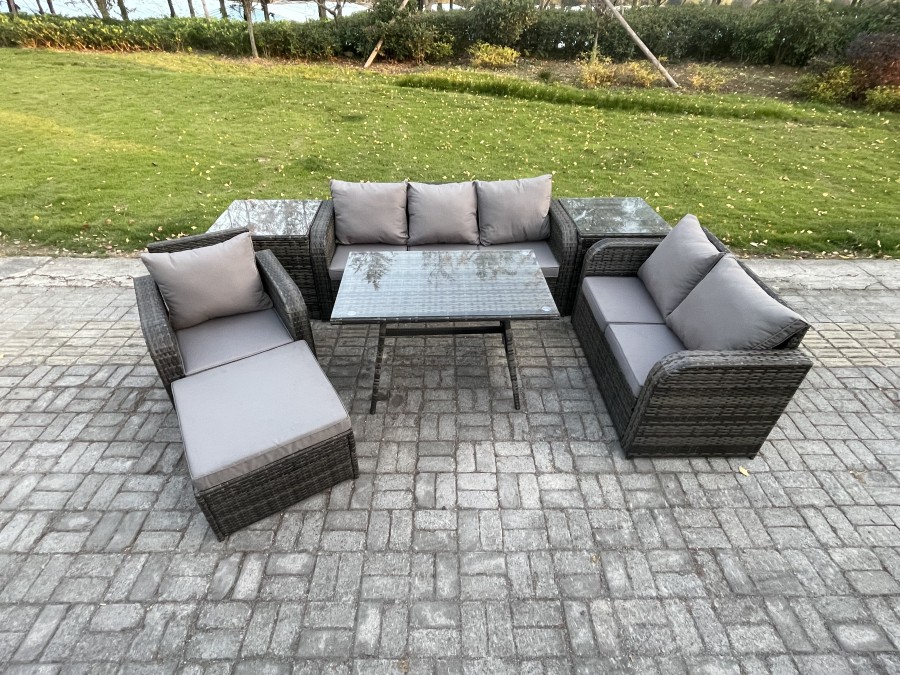 Click to view product details and reviews for Fimous 7 Seater Outdoor Rattan Garden Furniture Set Patio Lounge Sofa Set With Dining Table 2 Side Tables Big Footstool Dark Grey Mixed.