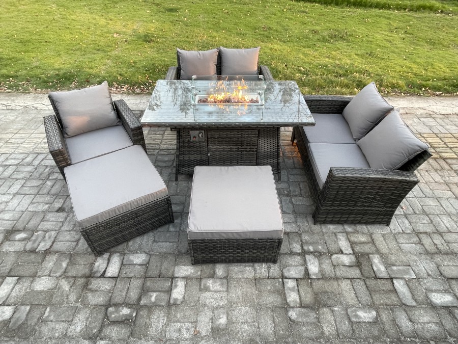 Click to view product details and reviews for Fimous 7 Seater Rattan Garden Furniture Set Outdoor Lounge Sofa Chair Gas Fire Pit Dining Table Set With 2 Big Footstool Double Seat Sofa Armchiar.