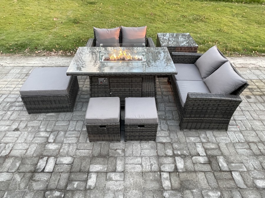 Click to view product details and reviews for Fimous 7 Seater Rattan Garden Furniture Set Outdoor Lounge Sofa Chair Gas Fire Pit Dining Table Set With 3 Footstools Double Seat Sofa Side Table.