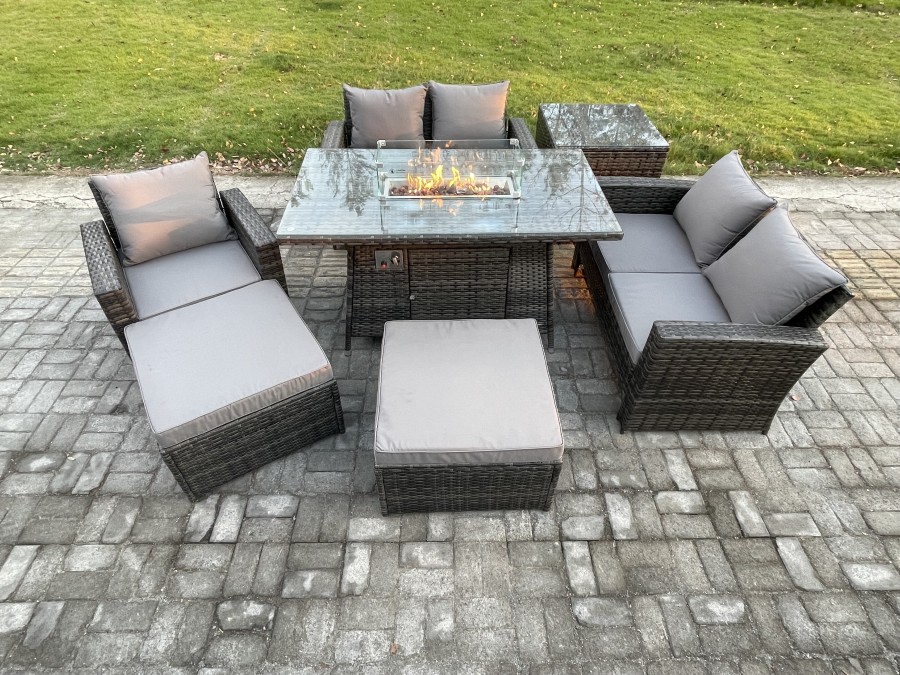 Click to view product details and reviews for Fimous 7 Seater Rattan Outdoor Garden Furniture Gas Fire Pit Table Sets Gas Heater With Love Sofa Armchair 2 Big Footstool Side Table Dark Mixed Grey.