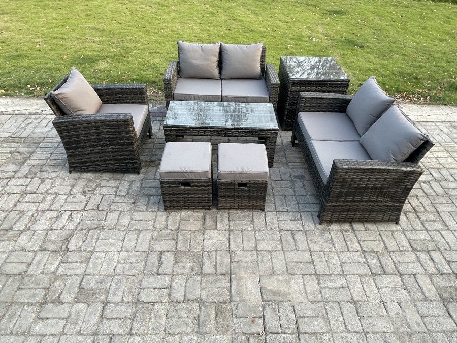Click to view product details and reviews for Fimous 7pcs Rattan Outdoor Garden Furniture Sofa Set With Coffee Table Side Table 2 Small Footstools Dark Grey Mixed.