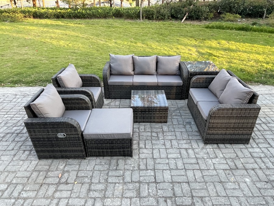 Click to view product details and reviews for Fimous 8 Seater Garden Furniture Set Rattan Outdoor Lounge Sofa Chair With Tempered Glass Table Big Footstool Side Table Dark Grey Mixed.