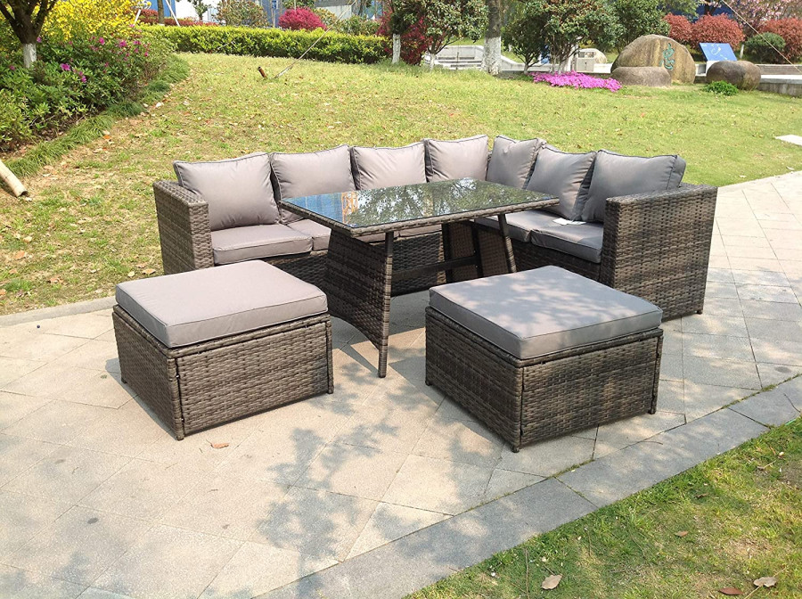 Click to view product details and reviews for Fimous 8 Seater Grey Rattan Corner Sofa Set Dining Table 2 Big Footstool Garden Furniture Outdoor With Clear Tempered Glass.