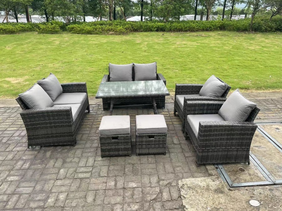 Click to view product details and reviews for Fimous 8 Seater Outdoor Dark Grey Mixed High Back Rattan Sofa Dining Table Set Garden Furniture Love Sofa Chair 2stools.