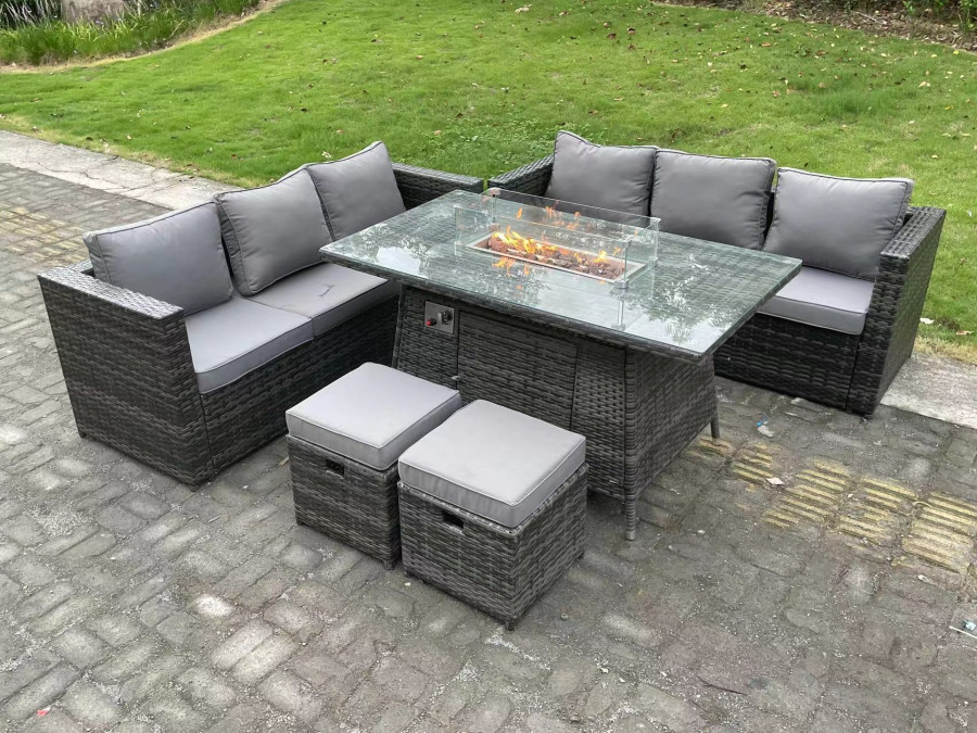 Click to view product details and reviews for Fimous 8 Seater Outdoor Rattan Sofa Set Garden Furniture Gas Firepit Set Heater Dining Table Footstools Dark Grey Mixed.