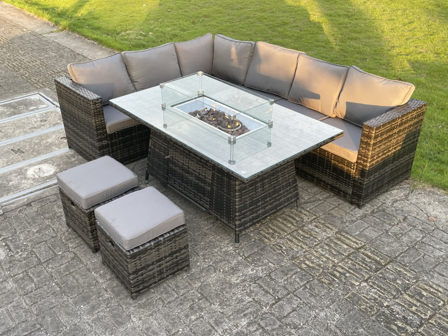 Click to view product details and reviews for Fimous 8 Seater Pe Rattan Corner Sofa Set Gas Fire Pit Dining Table Set Heater With 2 Small Stools.