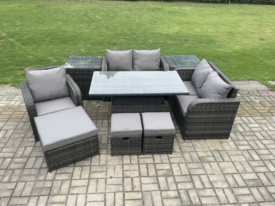 Click to view product details and reviews for Fimous 8 Seater Rattan Furniture Garden Dining Set Outdoor Height Adjustable Rising Lifting Table Love Sofa Chair With 2 Side Tables 3 Footstools.