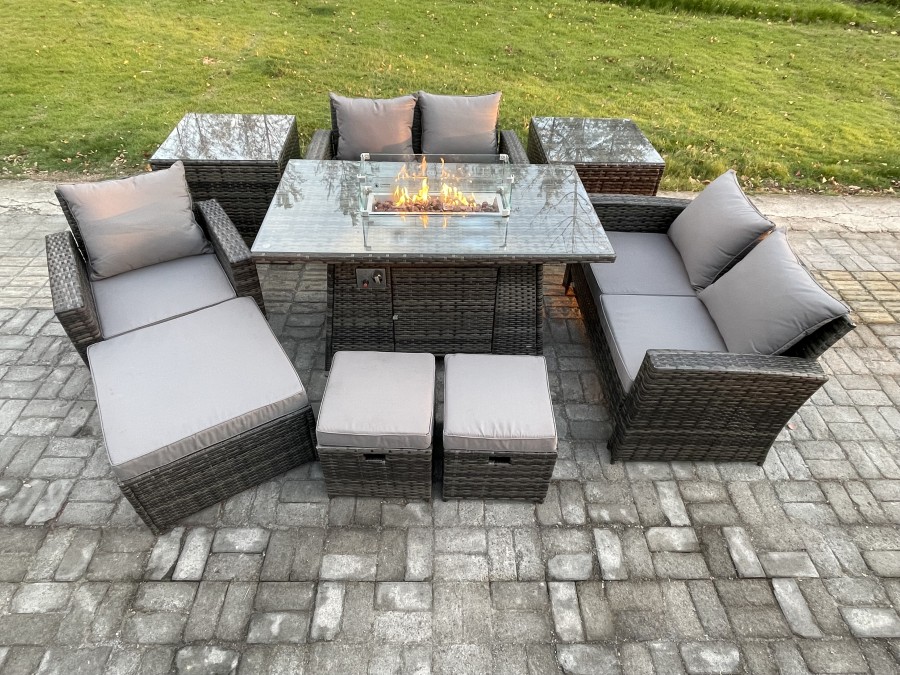 Click to view product details and reviews for Fimous 8 Seater Rattan Outdoor Garden Furniture Gas Fire Pit Table Sets Gas Heater With Love Sofa Armchair 3 Footstools 2 Side Tables Dark Mixed Grey.