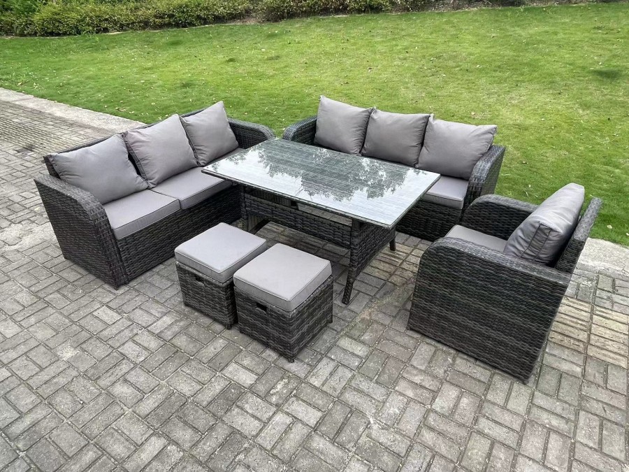 Click to view product details and reviews for Fimous 9 Seater Dark Grey Pe Wicker Rattan Garden Furniture Set Reclining Chair Lounge Sofa 3 Seater Sofa Set Outdoor Rectangular Dining Table With 2.