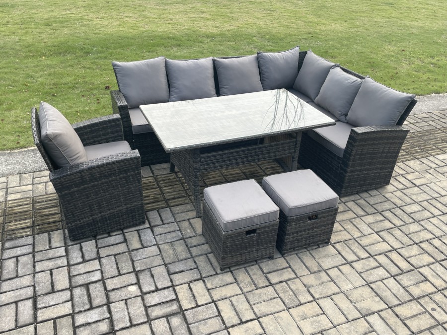 Click to view product details and reviews for Fimous 9 Seater Garden Rattan Furniture Corner Sofa Dining Table Set With 2 Small Footstools Armchair Indoor Outdoor Lounge Sofa Set.