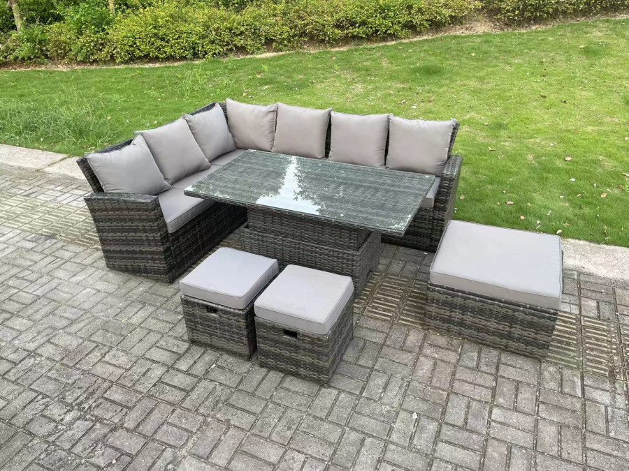 Click to view product details and reviews for Fimous 9 Seater High Back Outdoor Rattan Adjustable Rising Lifting Dining Table Corner Sofa Set Garden Furniture Footstools Dark Grey Mixed Left Hand.